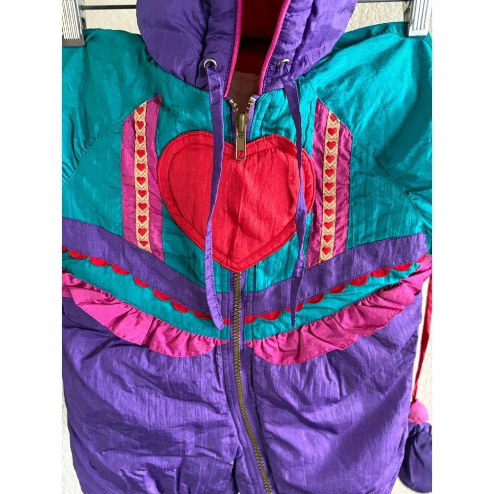Vintage‎ Kids Purple Teal Heart Ruffle Hooded Snowsuit Bunting with Mittens 80s